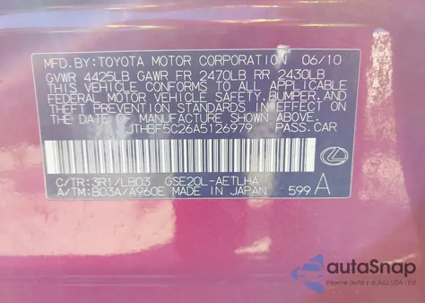 2010 Lexus Is 250 из США, поврежденный, VIN JTHBF5C26A5126979